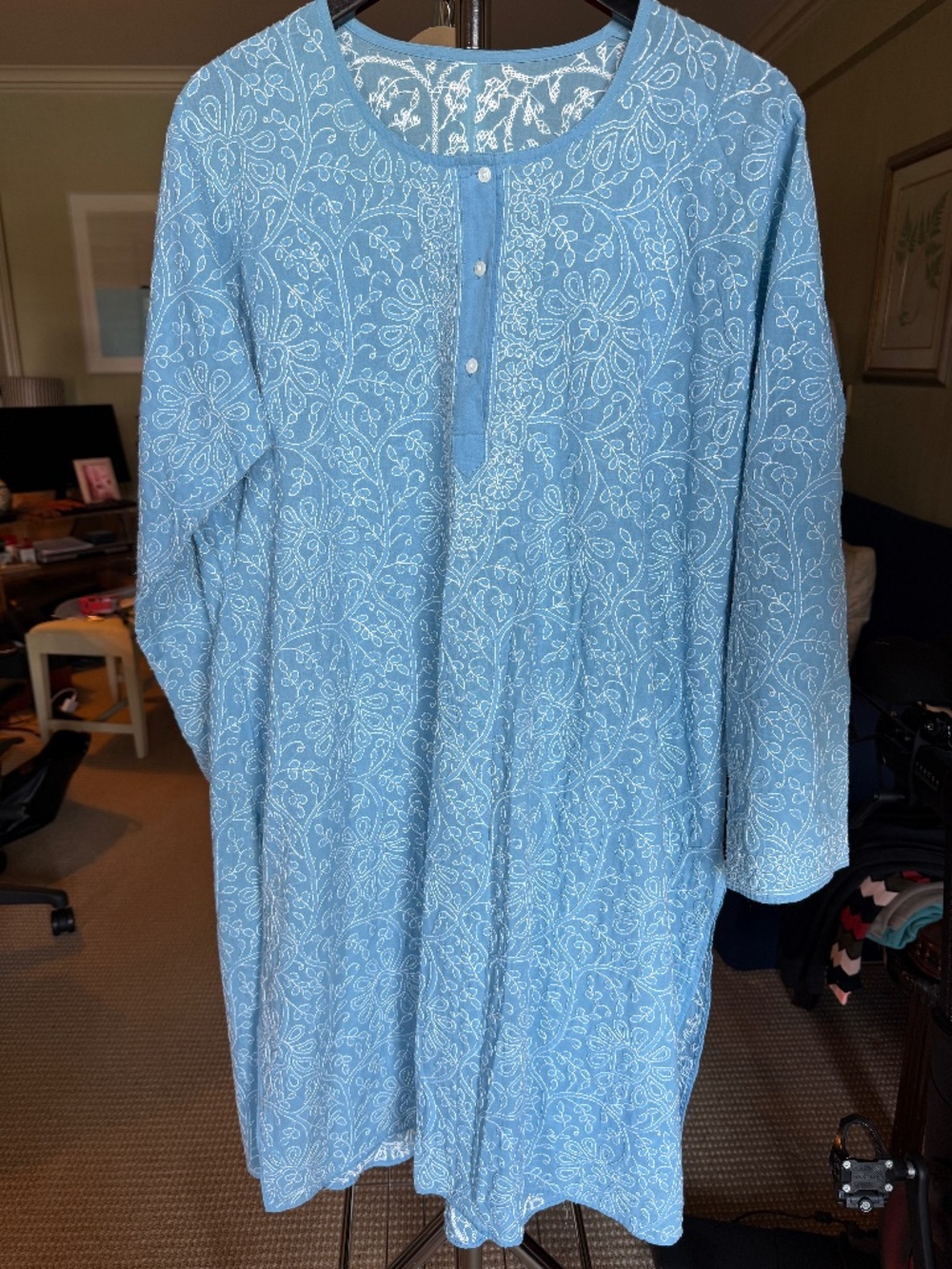 Blue Embroidered Cotton Tunic Dress